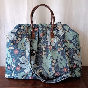 Mary Poppins Carpetbag Inspired WEEEKENDER Travel Bag in a William Morris style Blue Floral Tapestry Fabric; READY-HANDMADE