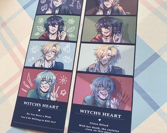 Puede incluir: Cuatro tiras de fotos con diferentes personajes sobre un fondo oscuro. Los personajes están dibujados en estilo anime. El texto en las tiras dice "Witch's Heart" y "¿Tienes un deseo por el que estarías dispuesto a matar?" y "Witch's Heart" y "Claire Elford con su muerte, el telón cae sobre esta historia."