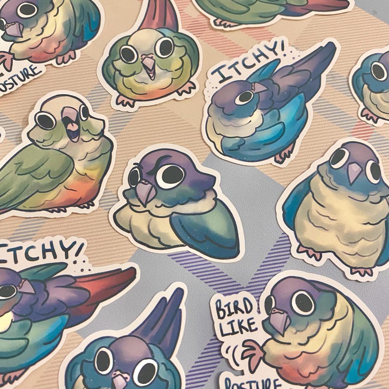 May include: A set of colorful stickers featuring cartoon parakeets in various poses. The stickers have different phrases, including "Itchy!" and "Bird Like Posture".