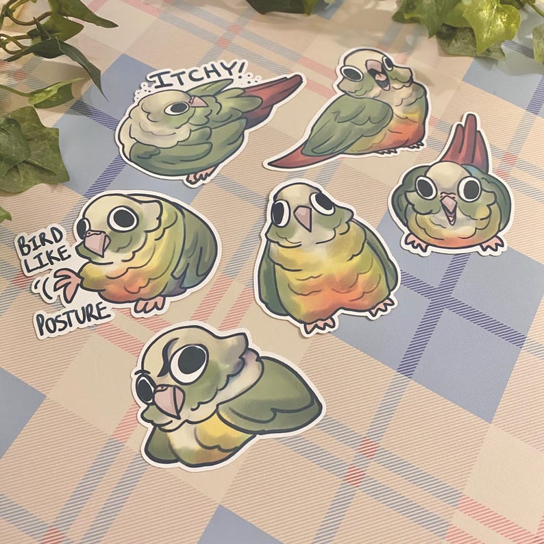 May include: Six colorful cartoon stickers of parakeets with different expressions. The stickers feature a green parakeet with the text "ITCHY!" above it, a green parakeet with a yellow chest, a green parakeet with an orange chest, a green parakeet with a yellow chest and the text "BIRD LIKE POSTURE", a green parakeet with a yellow chest, and a green parakeet with an orange chest.