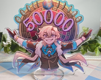 May include: A colorful acrylic stand featuring an anime character with blonde hair and a purple and white roulette wheel with the number 50000 in the center.