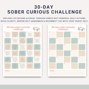 May include: A printable 30-day Sober Curious Challenge worksheet. The design features two pages with a soft color palette of beige, blue, and pink. The text reads "30-DAY SOBER CURIOUS CHALLENGE" and "EXPLORE LIFE BEYOND ALCOHOL".