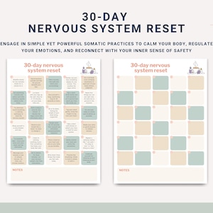 May include: Two printable pages with the text "30-DAY NERVOUS SYSTEM RESET". The left page has a list of practices, and the right page has a grid for notes. The pages are in soft pastel colors.