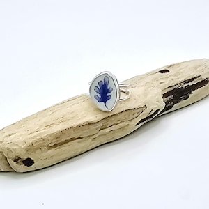 May include: A silver ring with a white oval-shaped setting featuring a blue leaf design.