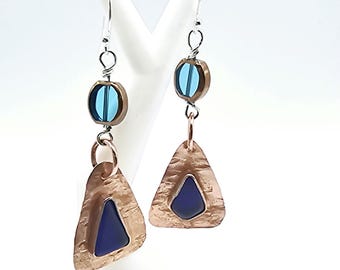 Handmade mixed metal and cobalt blue sea glass dangle earrings, hand crafted, upcycled, perfect gift, unique, Spain, copper, sterling silver