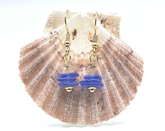 Handmade gold & cobalt blue sea glass stack earrings, USA sea glass, handcrafted gold fill earrings, unique drop earrings, gift for her.