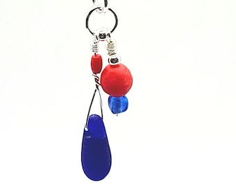Handmade pendant, cobalt blue teardrop sea glass & red sea bead from Mediterranean Spain, Nautical colors and design, , unique gift, Rare!