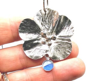 Handmade sterling silver fold formed hibiscus flower pendant with genuine blue striped Seaham multi, Floral pendant, unique gift for her.