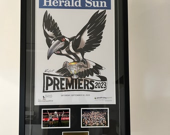 Collingwood 2023 Premiers Poster Professionally Framed with celebratory photos and an engraved plaque,      approx 100cm x 60cm