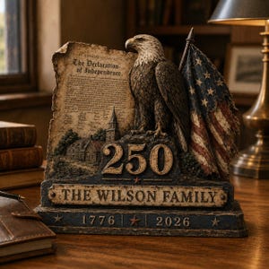 May include: A patriotic sculpture featuring an eagle, American flag, and a replica of the Declaration of Independence. The base reads "The Wilson Family" with the years 1776 and 2026. The sculpture is brown, blue, and red.
