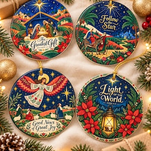 Christian Christmas Ornament, Nativity Tree Keepsake, Scripture Bible Verse Ceramic Gift, Religious Decor, Luke 2 Matthew 1, 4 Faith Designs