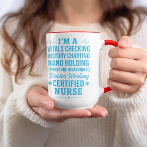 Mok verpleegkundige, cadeau gecertificeerd verpleegkundige, werkende mok arts, waardering verpleegkundige, controle vitale functies, mok hand met mok, geschiedenisgrafiek