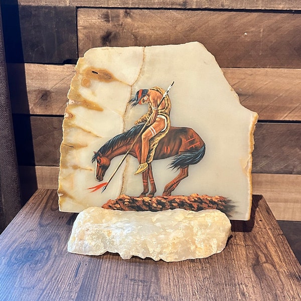 Native American Indian on Horse Oil Painting on Marble Slab