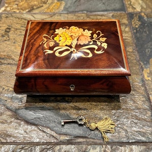 Vintage Reuge Wooden Jewelry Music Box with Floral Inlay - Made In Italy