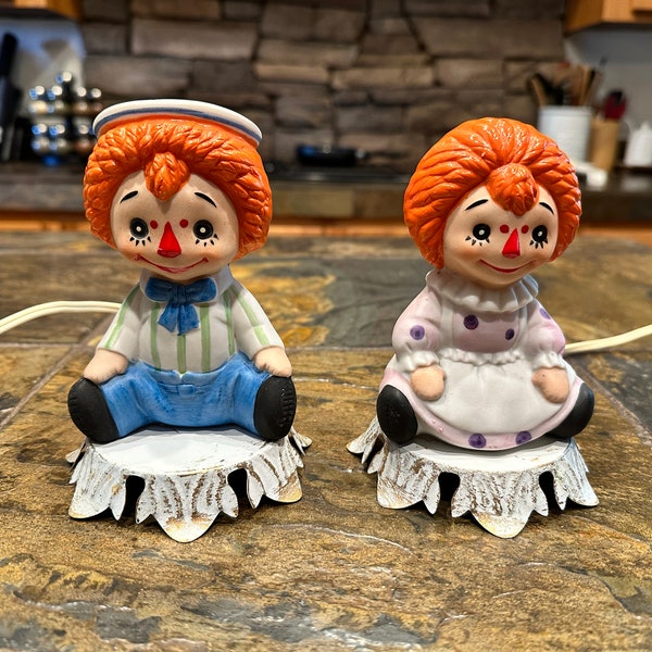 Vintage Pair Raggedy Ann & Andy Porcelain Night Lights Working