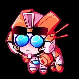 Puede incluir: Un personaje de robot de estilo caricatura, con una combinación de colores rosa y naranja, ojos azules grandes y una expresión preocupada. El robot tiene un casco, gafas y un cuerpo pequeño con pies rojos. El fondo es negro sólido.