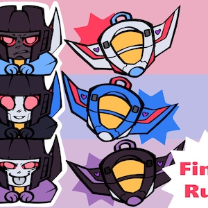 May include: A collection of six cartoon-style stickers featuring three robot characters with red eyes and three jet-shaped emblems with yellow cockpits. The stickers are arranged in two columns, and a white speech bubble contains the text Final Run.