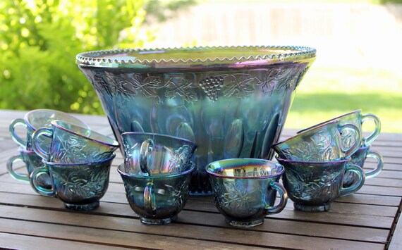 thumbnail image 2 of Vtg Indiana Glass Princess Blue Punchbowl Set With 11 Cups & Blue 2 of 10