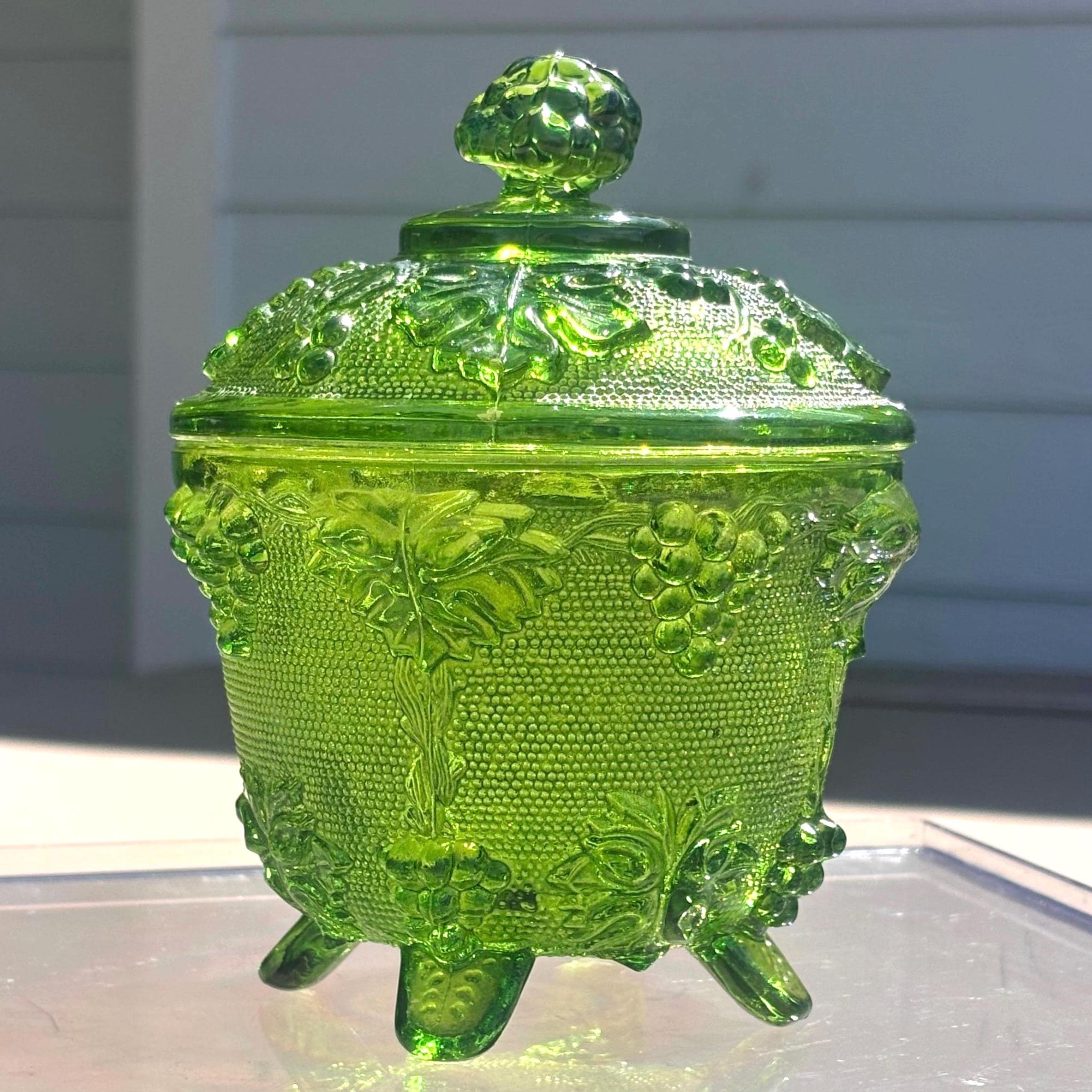 1940's Jeanette Glass Co Grape and Vine Footed Candy Dish in Green