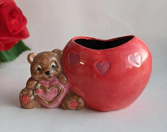 Heart Teddy Bear Vase, Small Flower Ceramic Planter, Perfect Cute Valentine Birthday Gift