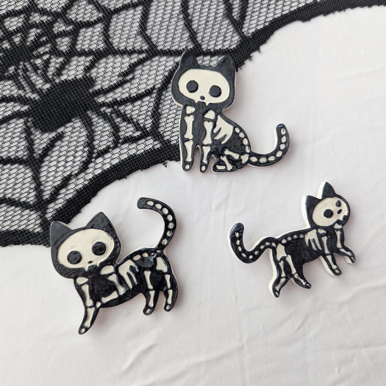 Ceramic Skeleton Cat Fridge Magnets – Handmade Halloween Decor, Spooky ...