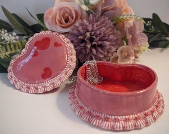 Heart Container with Lid, Small Pink Ceramic Trinket Dish, Perfect Cute Valentine Birthday Gift