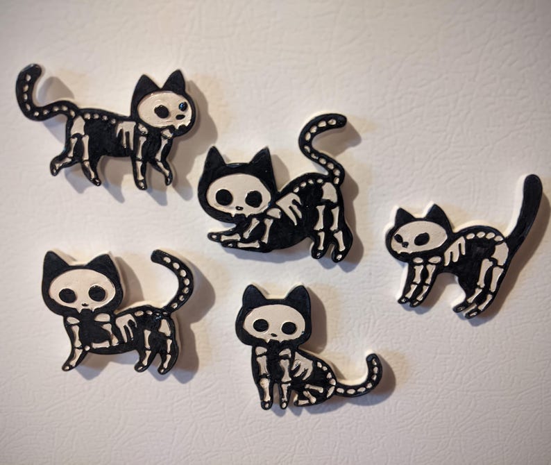 Ceramic Skeleton Cat Fridge Magnets – Handmade Halloween Decor, Spooky ...