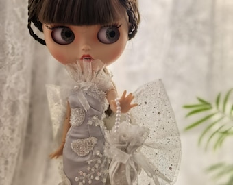 Conjunto de ropa para muñeca Blythe hecho a mano: vestido y bolso de cuentas
