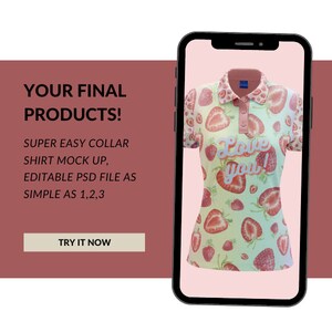 May include: A mockup of a pink and green polo shirt with a strawberry print and the text "Love you!" on the front. The shirt is displayed on a smartphone screen.