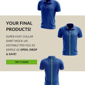 Könnte beinhalten: Drei Mockups eines blauen Poloshirts mit einem Gittermuster. Das Shirt links hat einen einfachen Kragen, das Shirt in der Mitte einen Reißverschluss und das Shirt rechts einen grünen vertikalen Streifen in der Mitte.