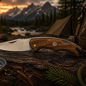 Può includere: Un coltello a serramanico con lama in metallo argentato e manico in legno marrone lucido con rivetti in ottone e un inserto circolare decorativo. Un cordino nero con due perline in ottone è fissato all'estremità del manico.