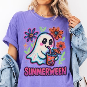 Flower Ghost Shirt, Comfort Colors® Floral Ghost Tshirt, Halloween Summer Shirt, Spooky Season Tee, Girly Summer Gift, Summerween T-Shirt