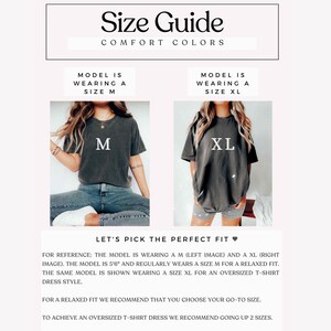 May include: A size guide for Comfort Colors t-shirts featuring two images of a dark gray short-sleeve t-shirt. The left image shows a size M, and the right image shows a size XL. Text includes Size Guide, Comfort Colors, M, XL, and fit advice.