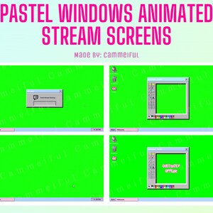 以下が含まれることがあります： 緑色の背景に、パステルカラーのアニメーションされたグリーン画面のウィンドウが4つあります。ウィンドウはグリッドパターンで配置されています。左上のウィンドウには、チャットウィンドウがあり、「Twitch Stream Starting...」というテキストが表示されています。右上のウィンドウには、空白のペイントウィンドウがあります。左下のウィンドウは空白です。右下のウィンドウには、ペイントウィンドウがあり、「Currently Offline」というテキストが表示されています。