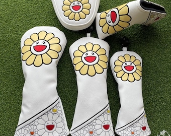 Lucky Sunflower Headcovers - Murakami Flower, Driver Headcover, Fairway Wood Cover, Hybrid, Leather Headcover, Golf Accessory, Golf Cover