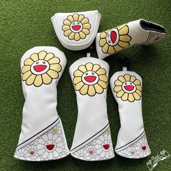 Lucky Sunflower Headcovers - Murakami Flower, Driver Headcover, Fairway Wood Cover, Hybrid, Leather Headcover, Golf Accessory, Golf Cover