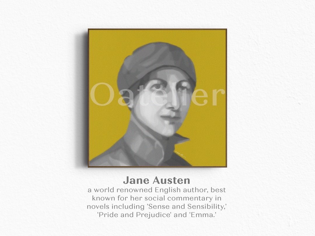 Jane Austen Portrait Drawing Printable Art Black and White With Yellow ...