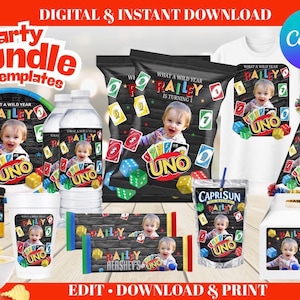 Pacchetto per feste a tema gioco di carte Uno / Sacchetti per patatine, inviti e decorazioni digitali personalizzabili (download digitale)
