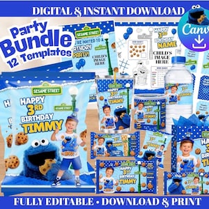 May include: A digital party bundle featuring 12 Sesame Street themed templates for a 3rd birthday. The set includes chip bags, water bottle labels, favor tags, and activity sheets, all decorated with blue polka dots, Cookie Monster, and text.