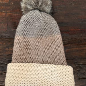 HAND KNITTED HAT Handmade Double Layer Adult Winter Hat with Removable PomPom Gray and Cream