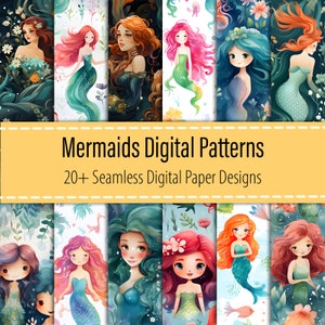 Mermaids 20+ Digital Paper Bundle, Mermaid Seamless Pattern, Ariel Print, Mermaid Digital Paper, Mermaid Digital Pattern, Printable Download