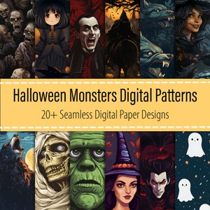 May include: A digital paper pack with 20+ seamless patterns featuring Halloween monsters. The patterns include a variety of monsters, including zombies, vampires, werewolves, witches, ghosts, and more. The patterns are perfect for creating spooky Halloween crafts, decorations, and projects.