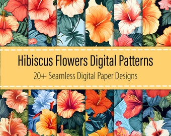 Hibiscus Flower 20+ Digital Paper Bundle, Flowers Seamless Pattern, Floral Illustration Prints, Floral Digital Paper, Printable Download