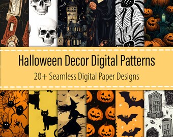 Halloween Decorations 20+ Digital Paper Bundle, Halloween Seamless Pattern, Jackolantern/Black Cat/Bat/Spider/Skull/Tomb, Printable Download