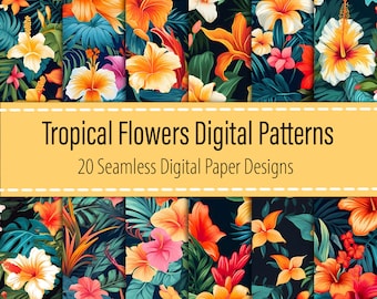 Tropical Flowers 20 Digital Paper Bundle, Flowers Seamless Pattern, Floral Illustration Prints, Floral Digital Paper, Printable Download