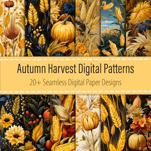 May include: A set of 20+ digital paper designs featuring autumn harvest themes. The patterns include sunflowers, wheat, pumpkins, corn, and other fall foliage in warm colors like yellow, orange, and brown.