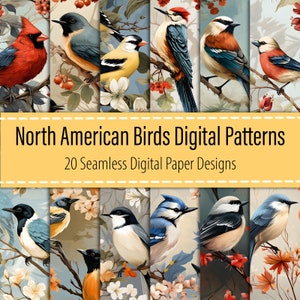North American Birds 20 Digital Paper Bundle, Birds Seamless Pattern, Bird Prints, Bird Digital Paper, Bird Illustrations, Digital Download