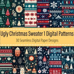 Brutto maglione di Natale 1 30 Pacchetto di carta digitale, modello senza cuciture di Natale, stampa maglione festivo, carta natalizia, download stampabile