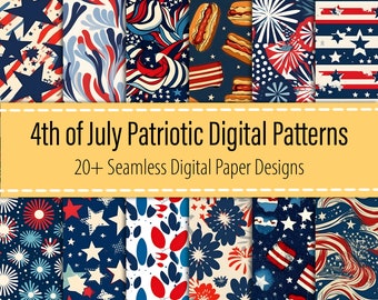 4th of July 20+ Digital Paper Bundle, Patriotic Seamless Pattern, 4th of July Print, USA Digital Paper, Red White Blue Background, Printable