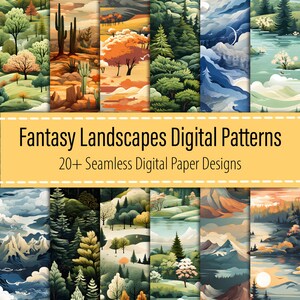 May include: A collage of 20+ digital paper designs featuring fantasy landscapes. The designs include a variety of colours and styles, such as a forest scene with a lake, a desert scene with cacti, and a mountain scene with clouds.